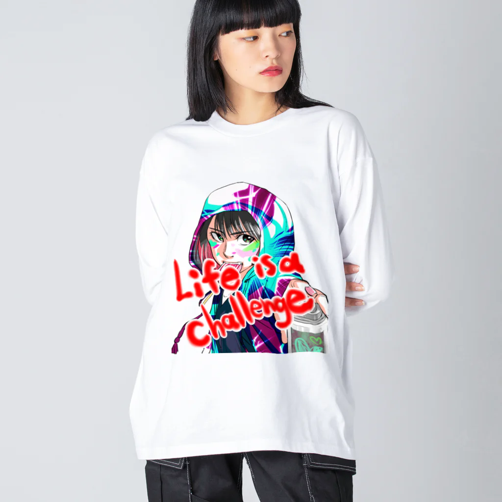 どでんちゃんのデザインショップ👩‍🎨のLife is a challenge ビッグシルエットロングスリーブTシャツ