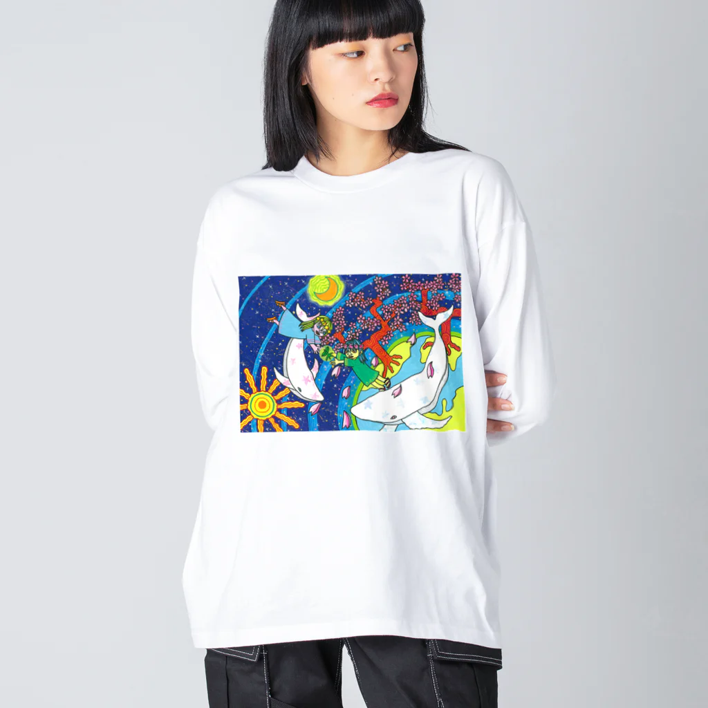 kouの落描き帳の桜の女神と白いクジラ ビッグシルエットロングスリーブTシャツ