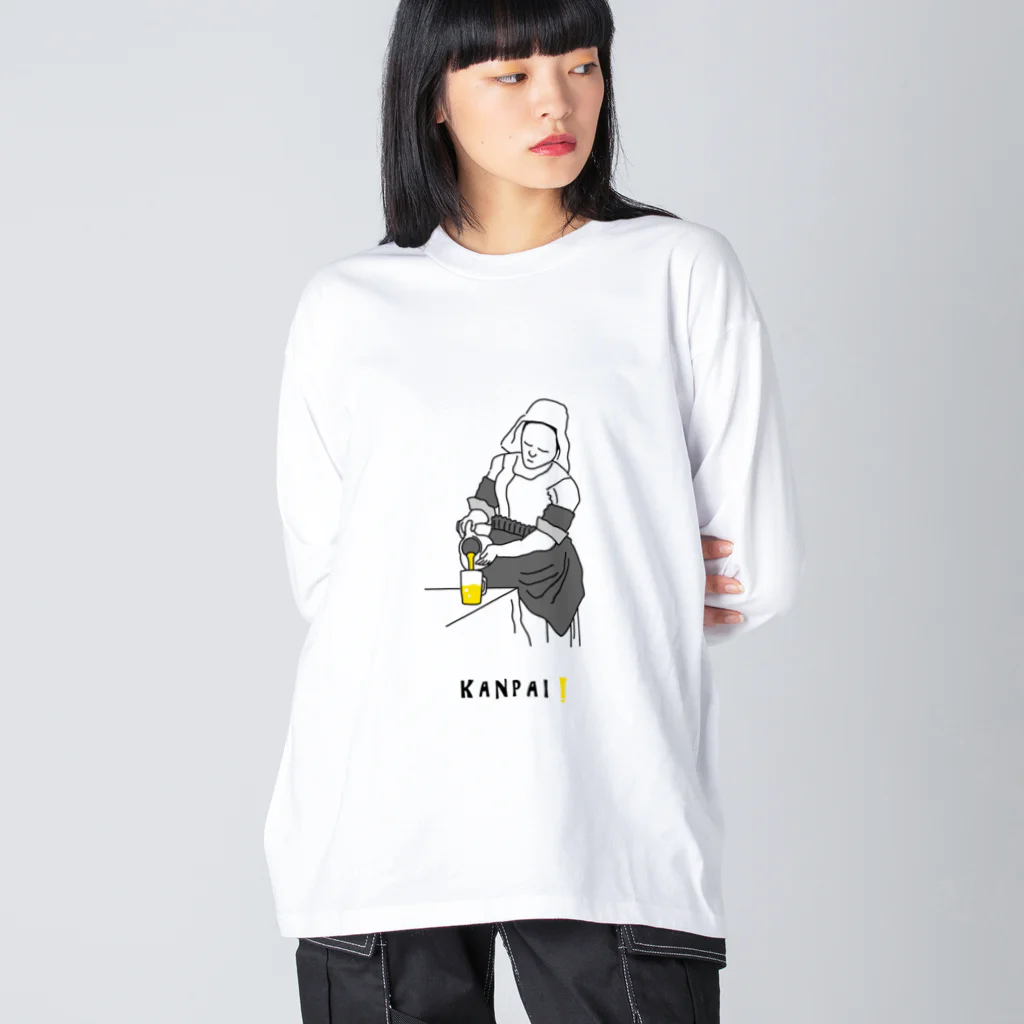 ビールとアート TM-3 Designの名画 × BEER（牛乳を注ぐ女）黒線画 ビッグシルエットロングスリーブTシャツ