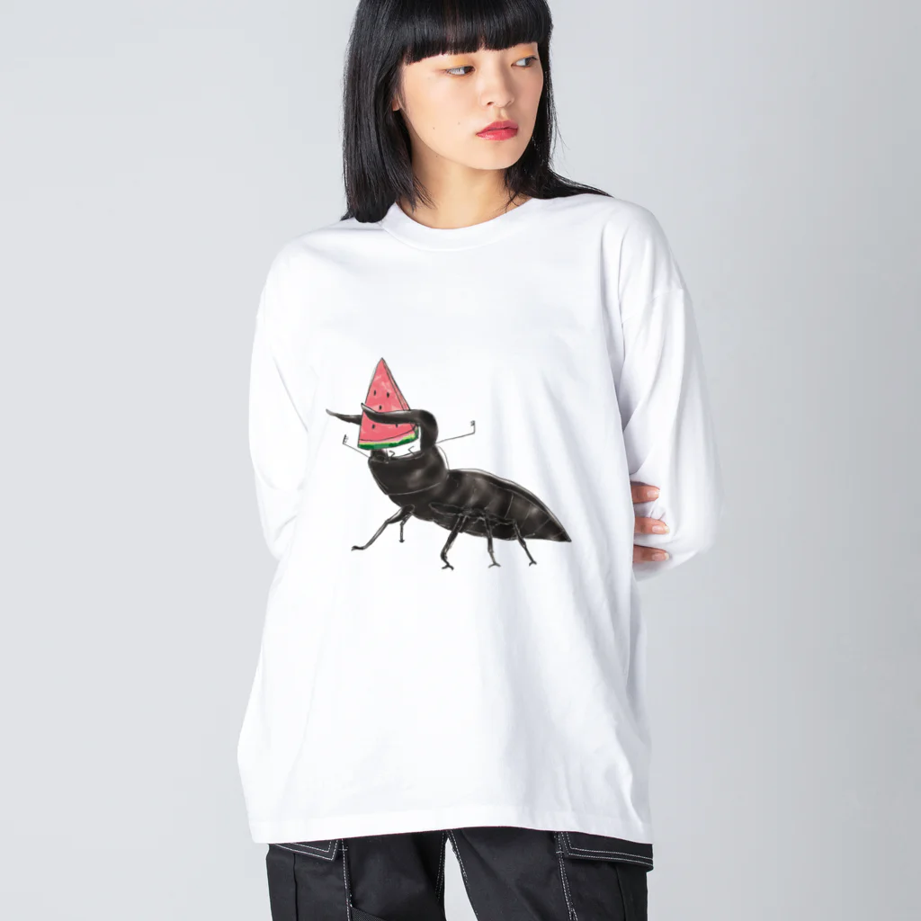 Drecome_Designのゆるいクワガタ&スイカ ビッグシルエットロングスリーブTシャツ