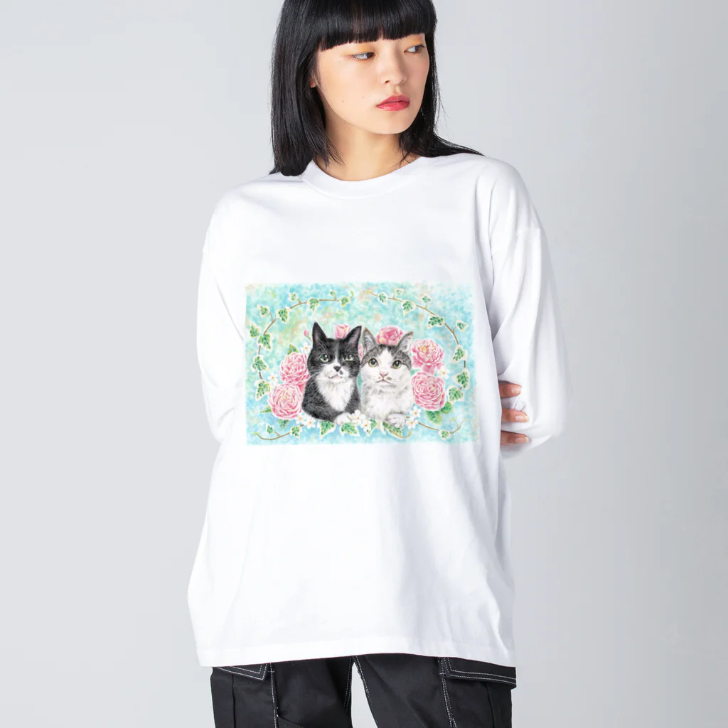 Ａｔｅｌｉｅｒ　Ｈｅｕｒｅｕｘのクロとモネ　薔薇をあしらったパステルイラスト Big Long Sleeve T-Shirt