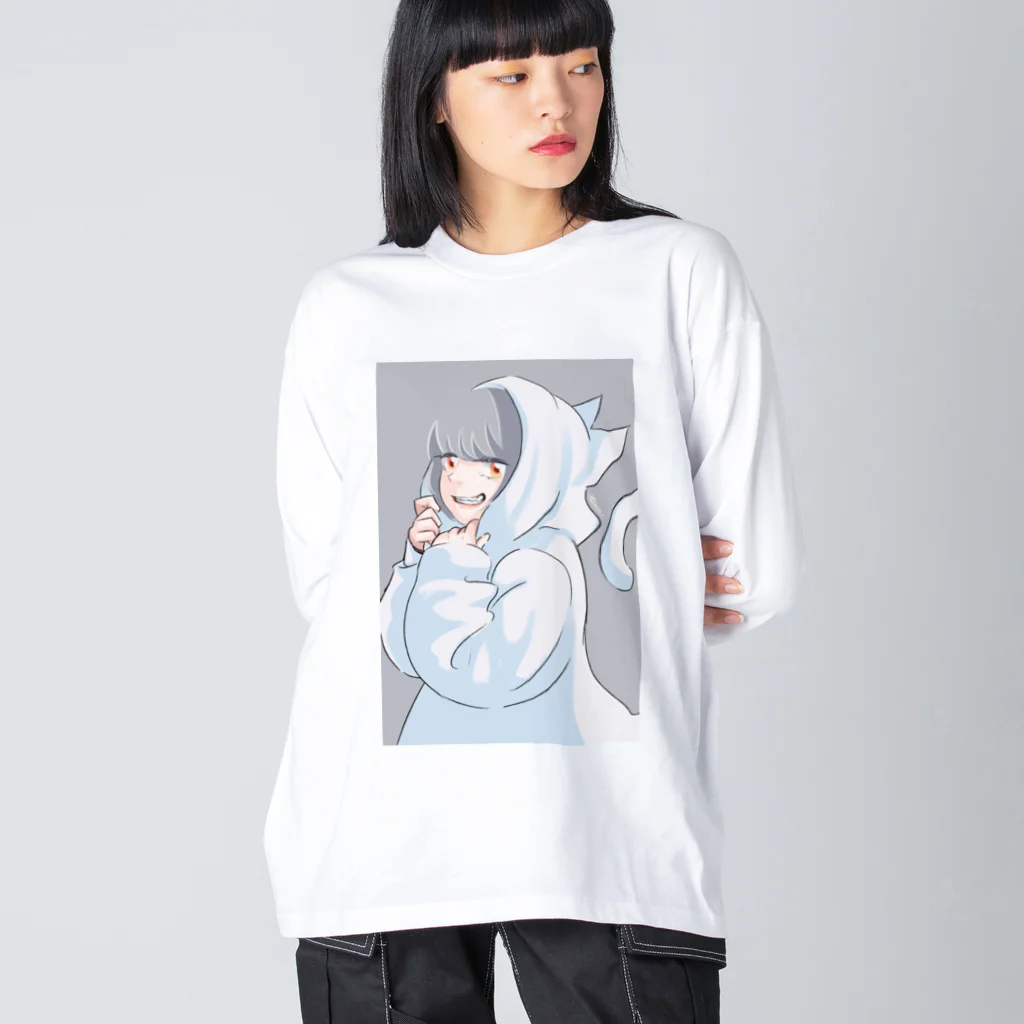 たろうのほっぺの猫フードGirl ビッグシルエットロングスリーブTシャツ