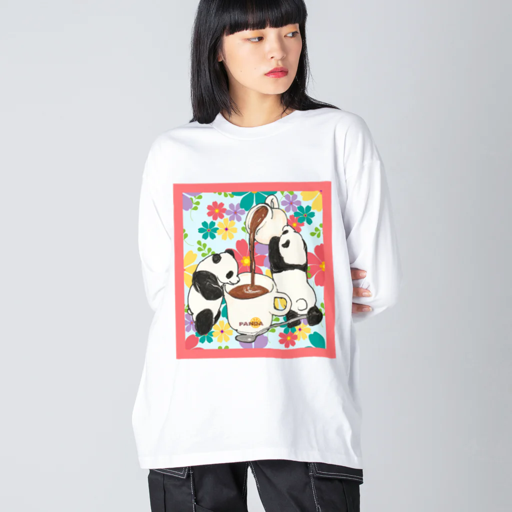 ちょらぷみのチョコレートぱんだ　スイーツパンダ　昭和レトロ　ポップ　パネル柄 ビッグシルエットロングスリーブTシャツ