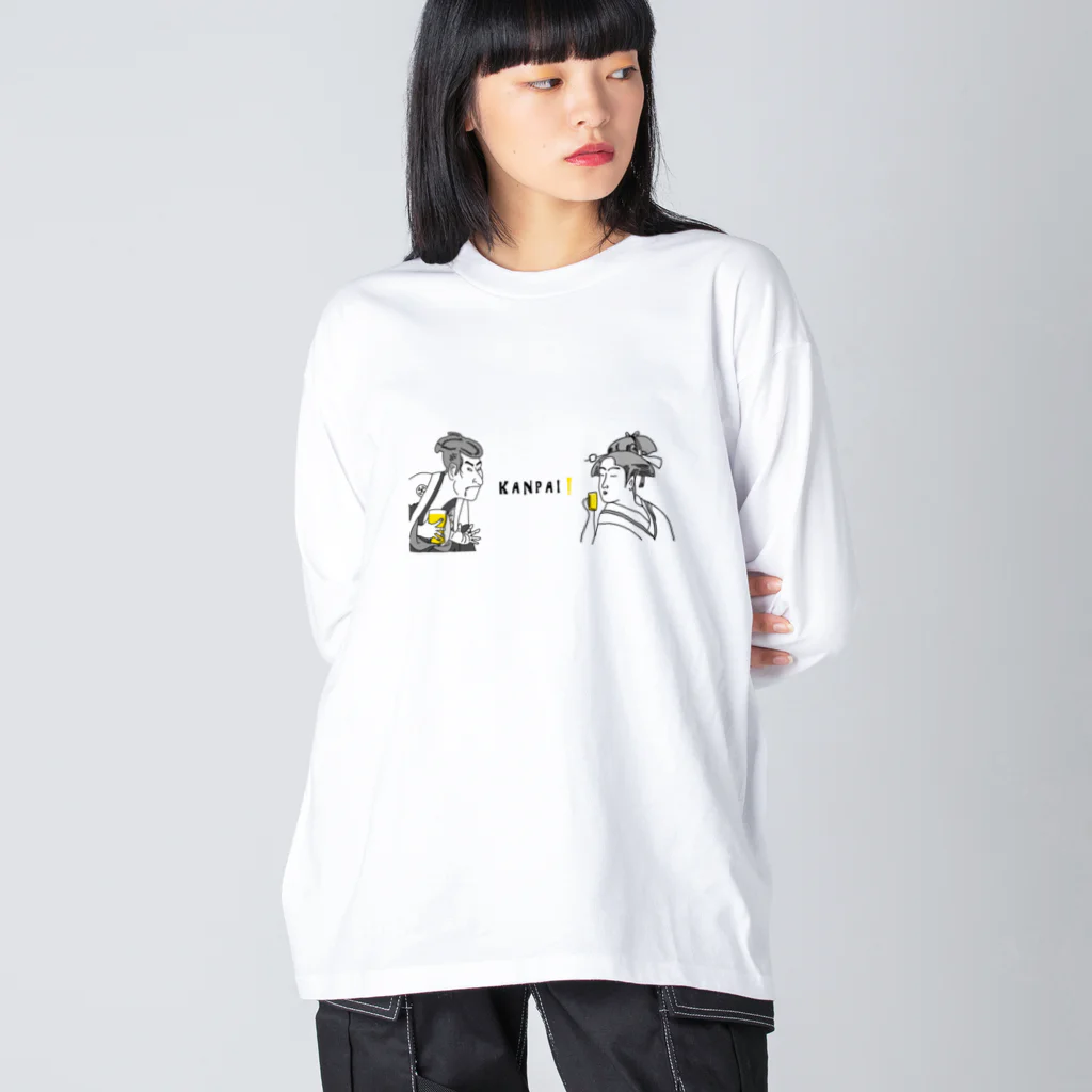 ビールとアート TM-3 Designの名画 × BEER（浮世絵男女）黒線画 Big Long Sleeve T-Shirt