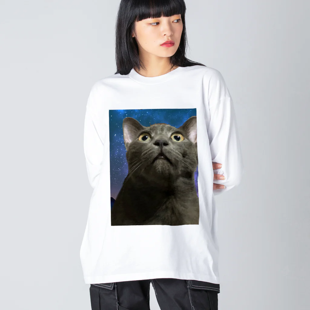 こんすけの灰色なびっくりした猫 ビッグシルエットロングスリーブTシャツ