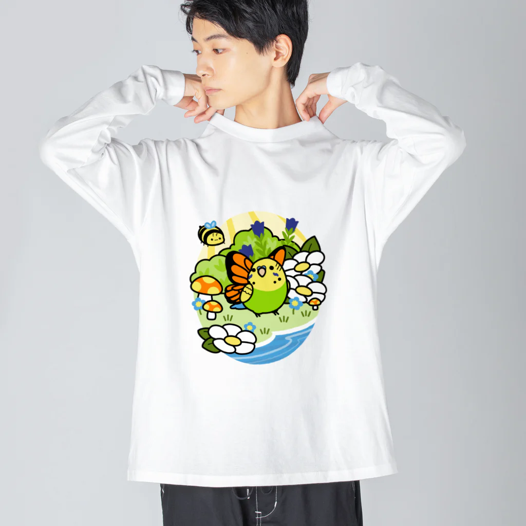 Cody the LovebirdのChubby Bird セキセイインコの妖精 Matcha 一緒に森を守ろう！ Big Long Sleeve T-Shirt