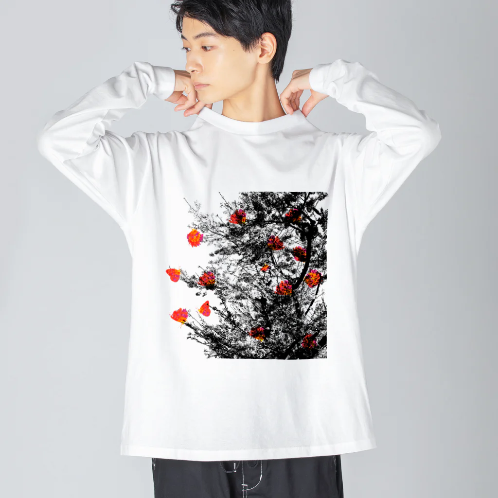 shi-chi Labo graph(詩一）の黒桜に木蓮蝶 ビッグシルエットロングスリーブTシャツ