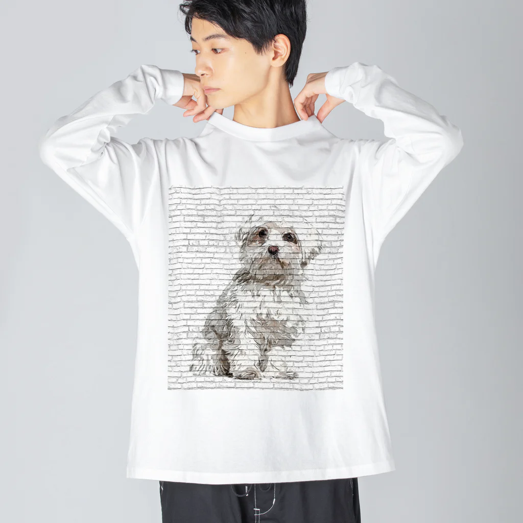 【CPPAS】Custom Pet Portrait Art Studioの マルチーズドッグ - レンガブロック背景 Big Long Sleeve T-Shirt