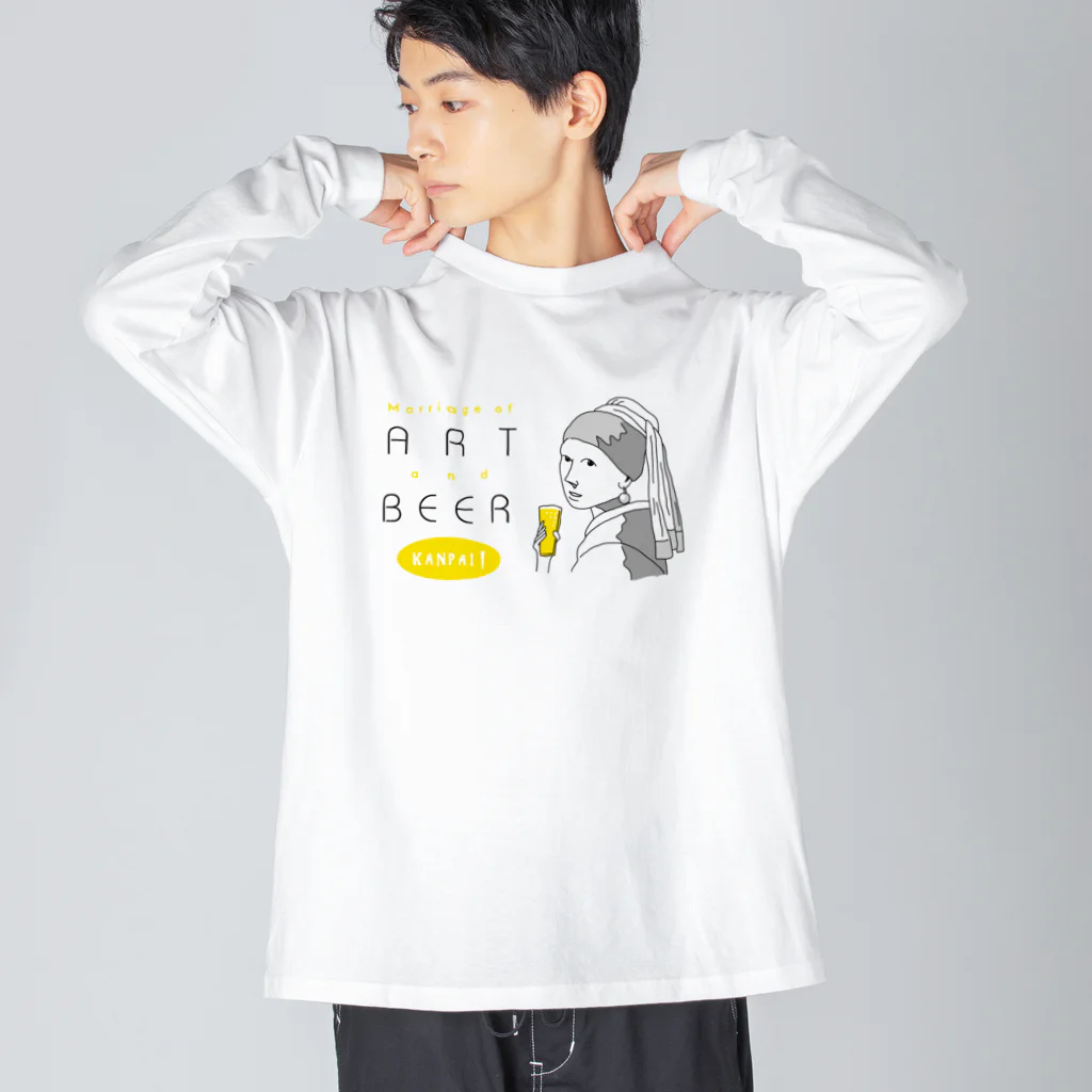 ビールとアート TM-3 Designの名画 × BEER（真珠の耳飾りの少女・アートとビールのマリアージュ）黒線画 Big Long Sleeve T-Shirt