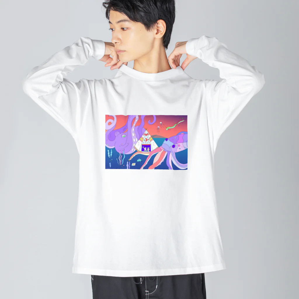 宇宙キャンプの深海でDJするねこ、タコとイカ、クラゲ、リュウグウノツカイ Big Long Sleeve T-Shirt