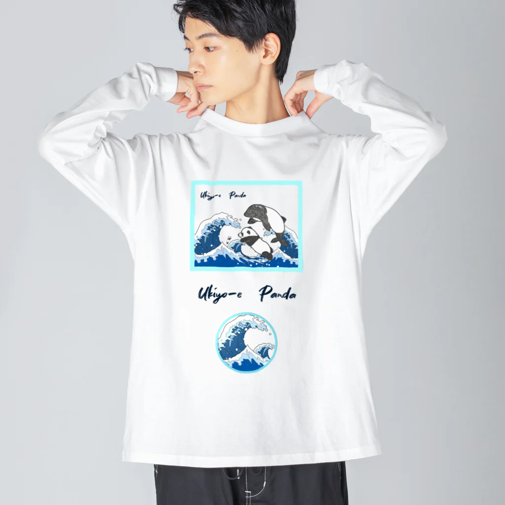 ちょらぷみの浮世絵　パンダ　ぱんだイルカ　書道　習字　波　海でジャンプ ビッグシルエットロングスリーブTシャツ