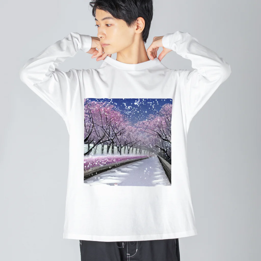 Yossy's Item Factoryの夜の桜並木に雪 Big Long Sleeve T-Shirt