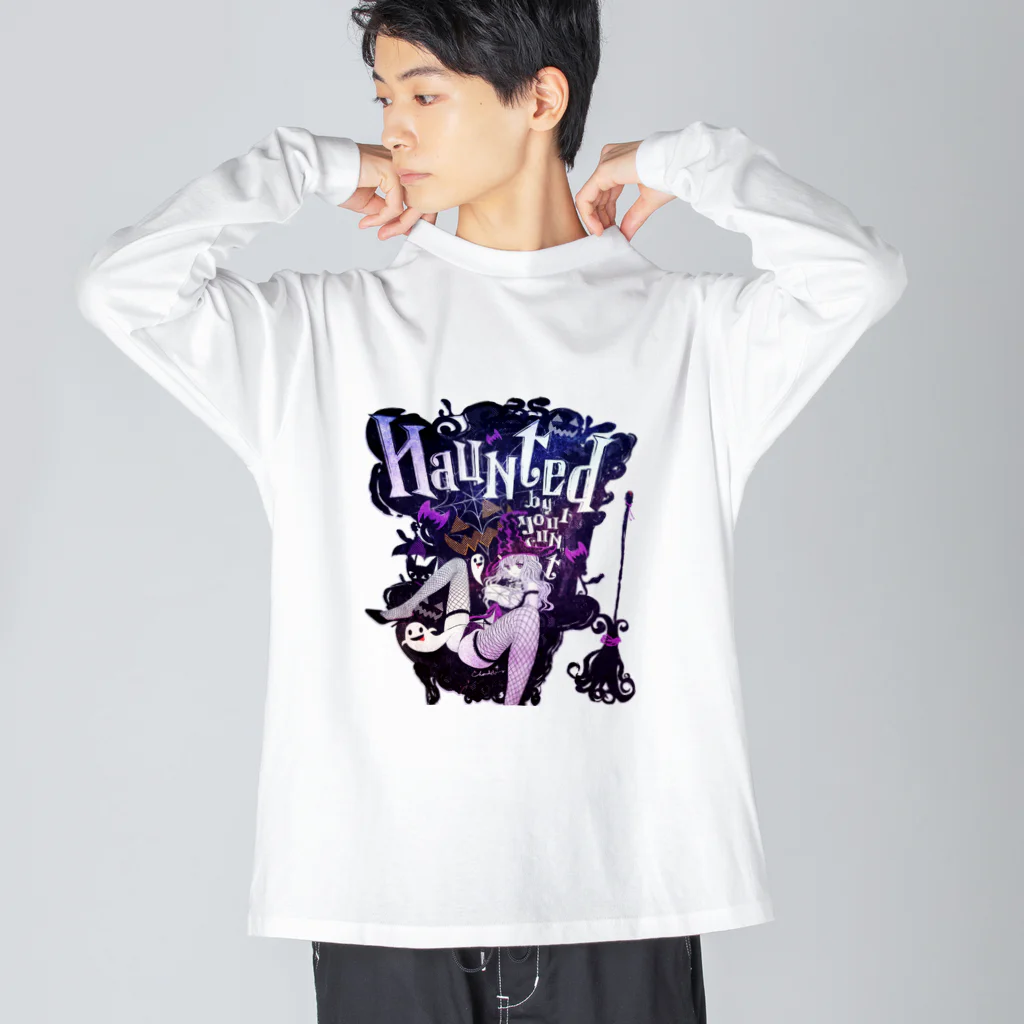 loveclonesのHAUNTED ハロウィンお化けと魔女の黒椅子 ビッグシルエットロングスリーブTシャツ