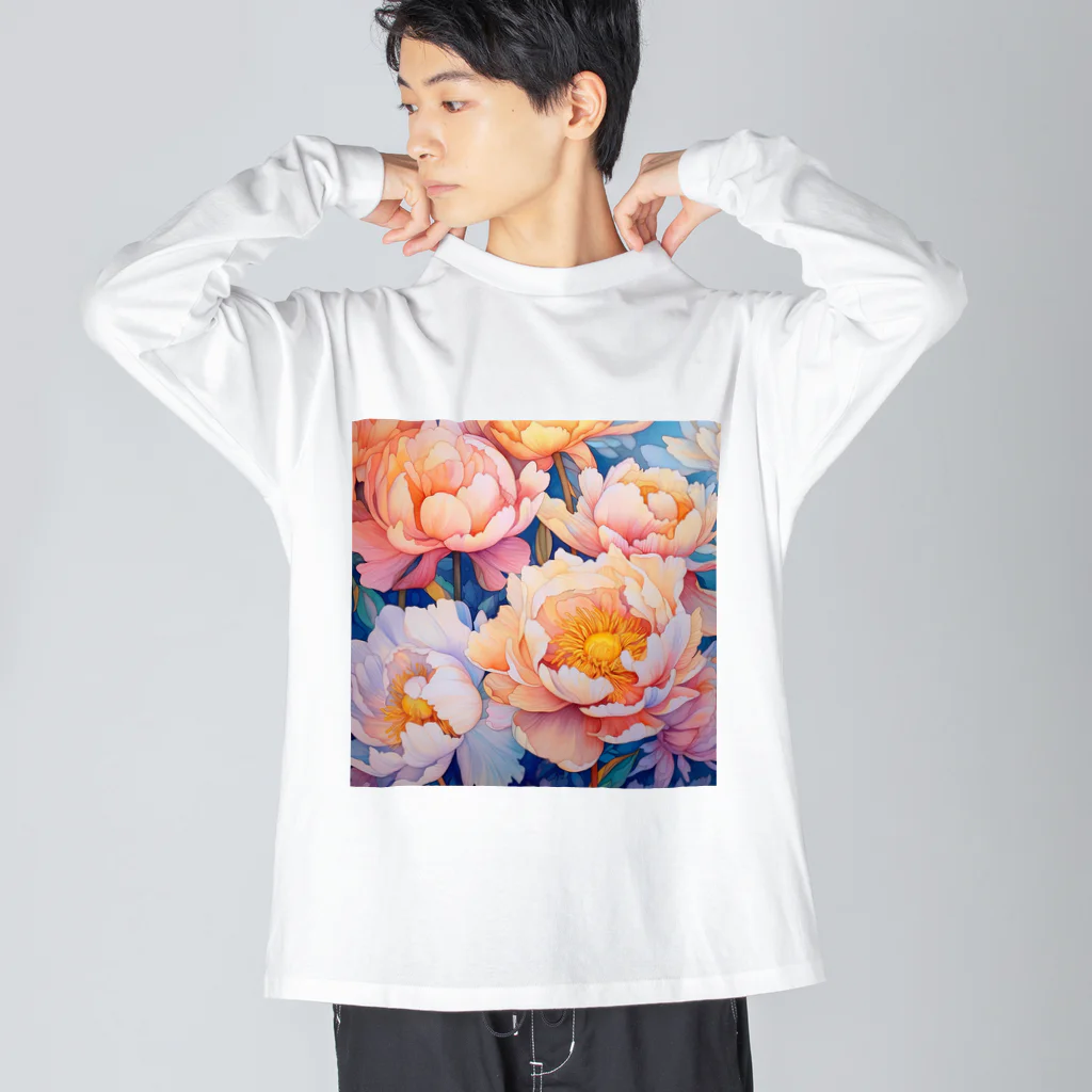 botanicalartAIのピンク色がかわいい芍薬のお花のイラスト ビッグシルエットロングスリーブTシャツ