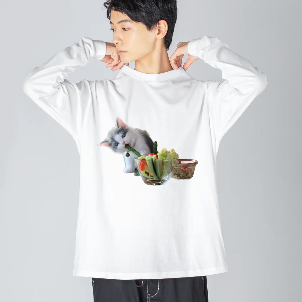 いくママ 猫との毎日の野菜とおにぎり ビッグシルエットロングスリーブTシャツ