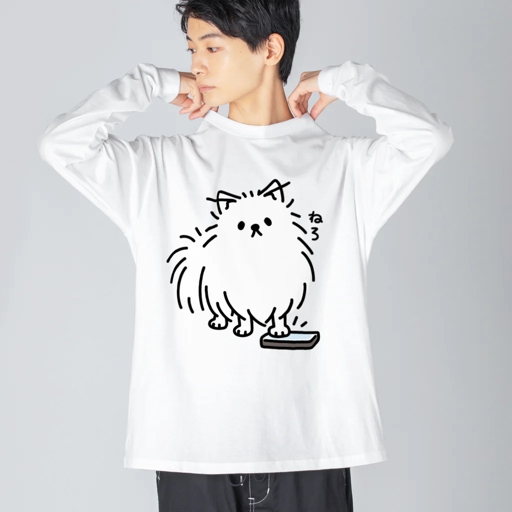 イラスト MONYAAT のねろ　スマホをとりあげるポメラニアン ビッグシルエットロングスリーブTシャツ