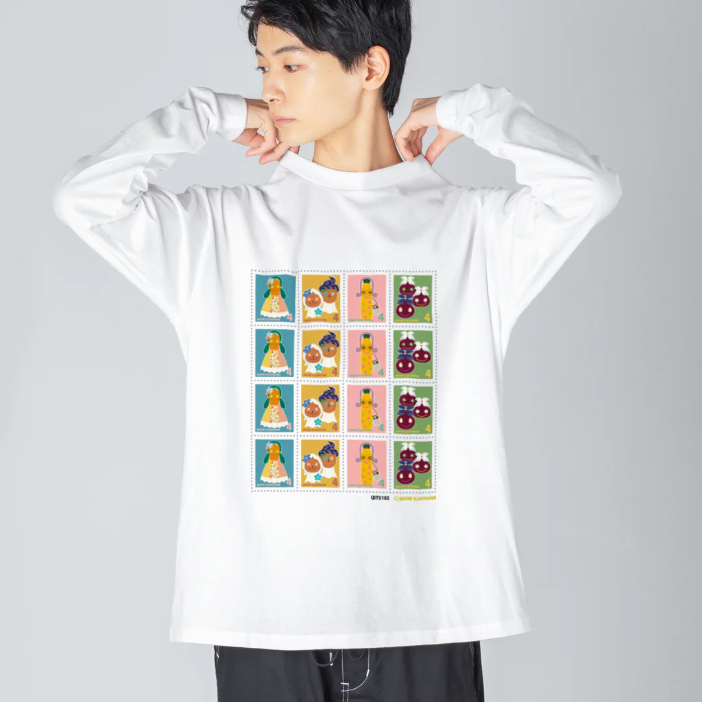 Quatre Illustrationのキャトル切手_お野菜ファッションショーA 4×4 ビッグシルエットロングスリーブTシャツ