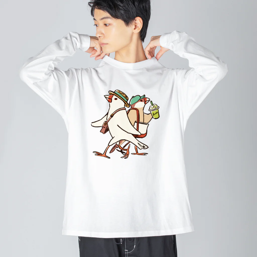 もしもしこちら文鳥のおしゃれしておでかけ文鳥 ビッグシルエットロングスリーブTシャツ