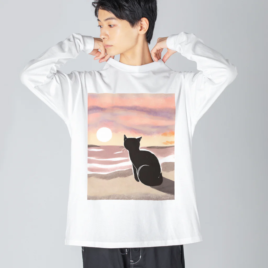 えんがわすまいる商店の海と夕陽と猫 ビッグシルエットロングスリーブTシャツ