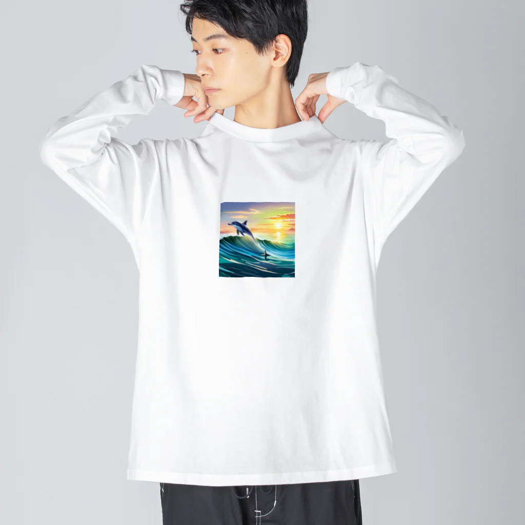 itacyoko(AIイラスト屋)の夕暮れで飛ぶイルカ ビッグシルエットロングスリーブTシャツ