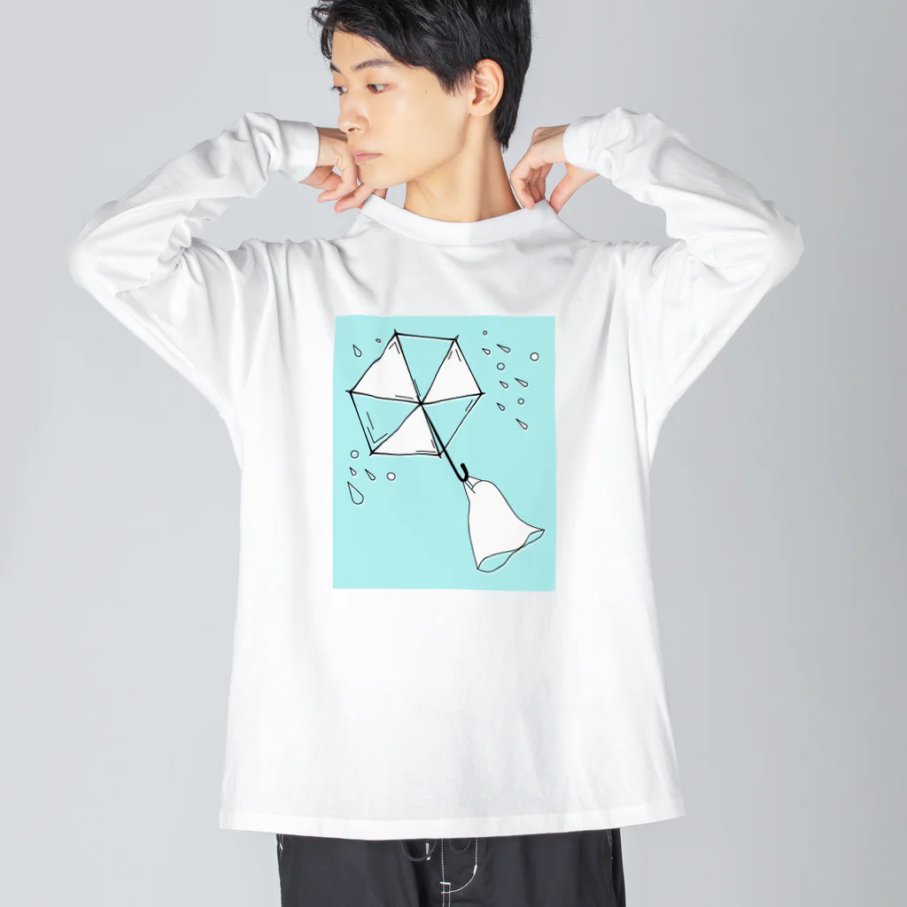 きのうの雑貨店の雨の日おばけちゃん/青 ビッグシルエットロングスリーブTシャツ