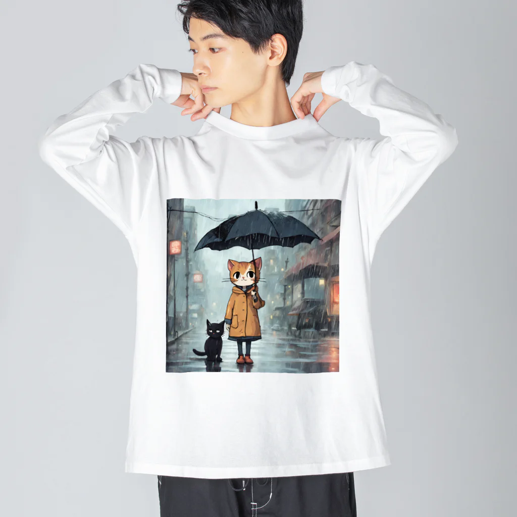 AI Creative Hub（AIクリエイティブハブ）の猫と傘 Big Long Sleeve T-Shirt