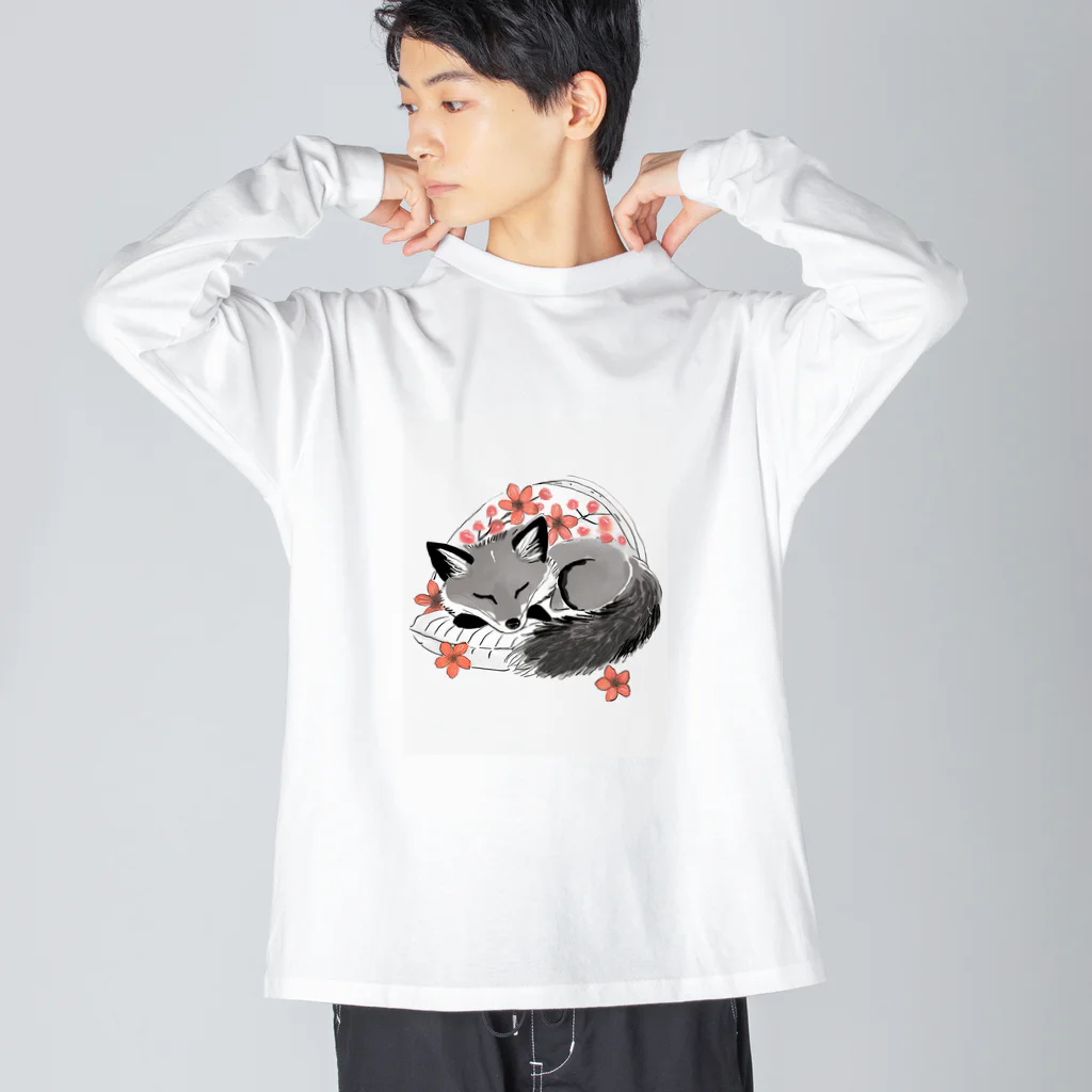 Shihiroの桜と銀ぎつね ビッグシルエットロングスリーブTシャツ