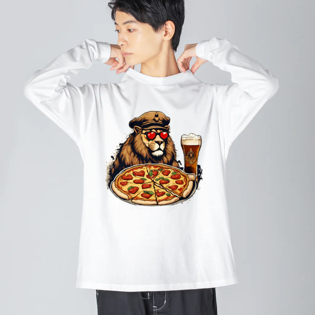 gorillArtの軍曹ライオンが愛するビールとピザ ビッグシルエットロングスリーブTシャツ