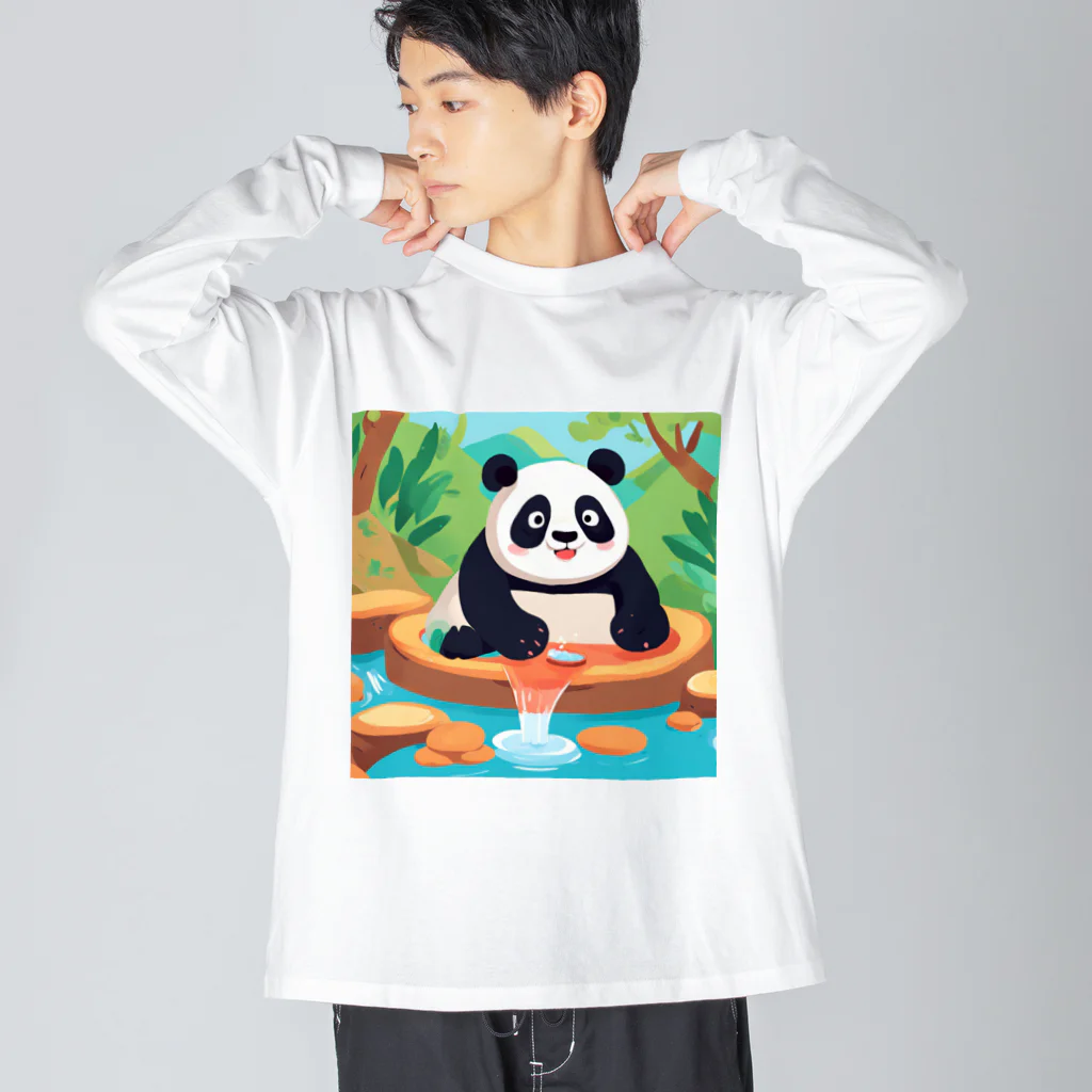 萌えキャラ大好きの温泉を楽しむパンダイラストのグッズ ビッグシルエットロングスリーブTシャツ