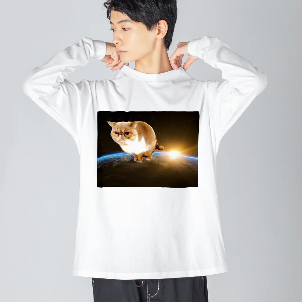 ペッチャリーノ・ヘチマチョフのふんばる宇宙ネコ ビッグシルエットロングスリーブTシャツ