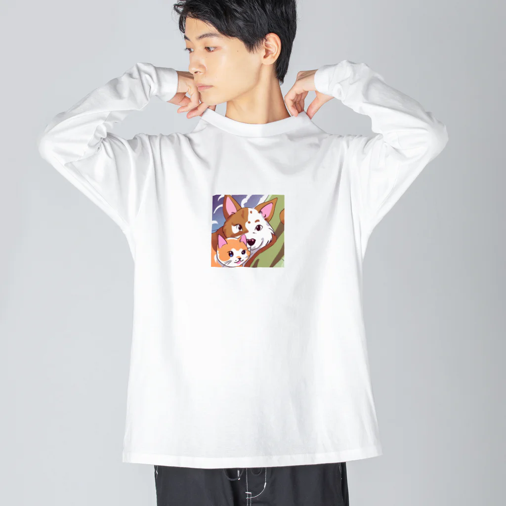 かわいいキャラクターのちょーかわいい犬と猫のイラストグッズ ビッグシルエットロングスリーブTシャツ