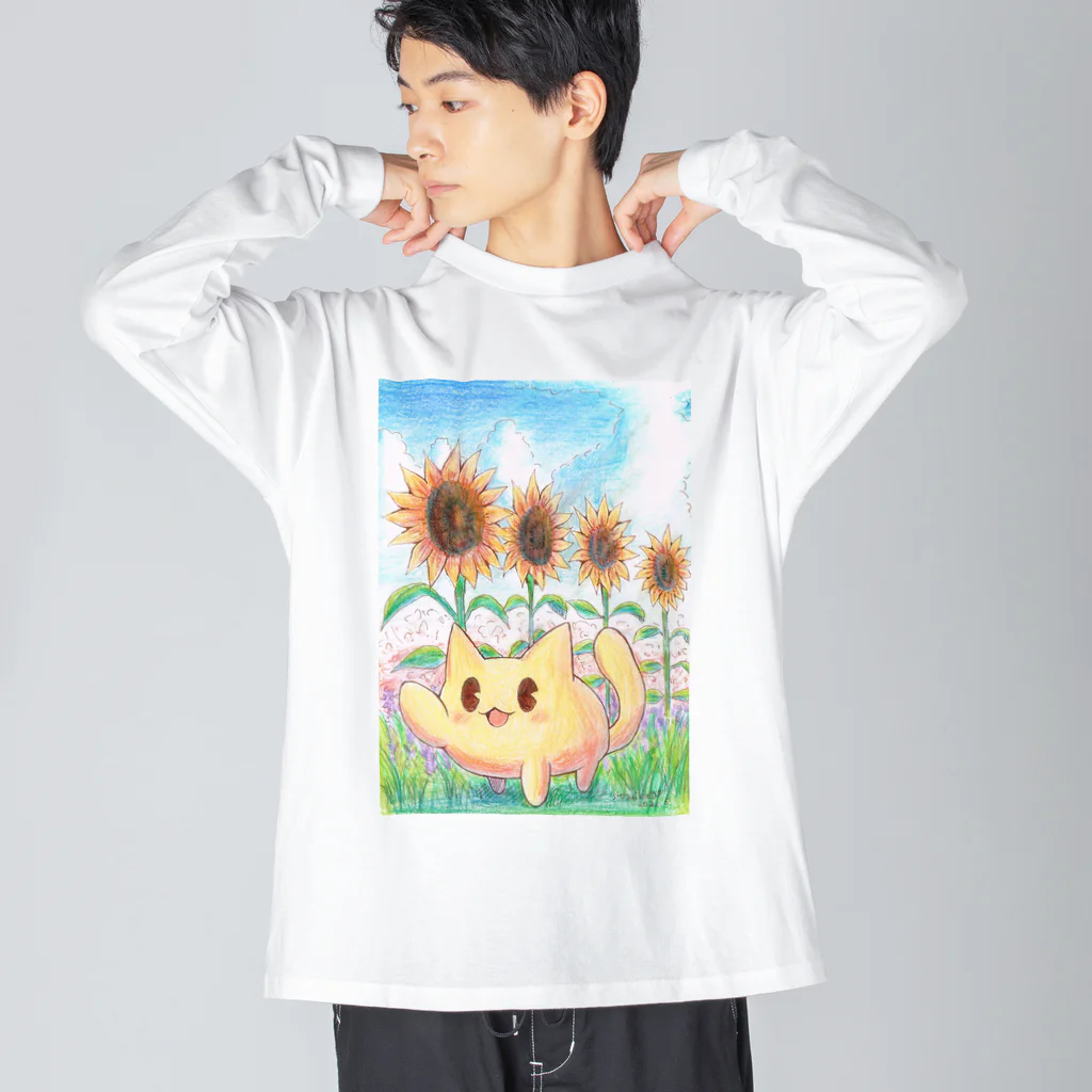 ねこさん爆発ショップのぽよたんひまわり ビッグシルエットロングスリーブTシャツ