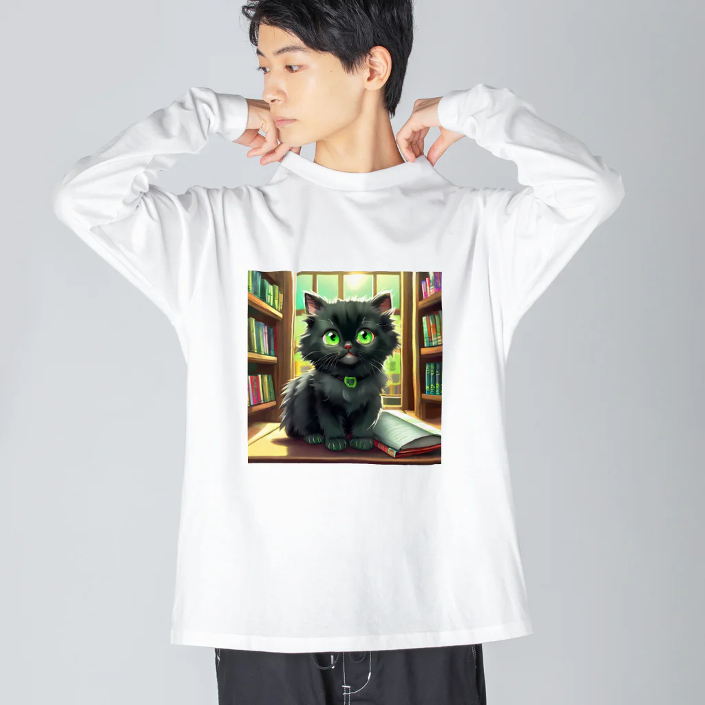 yoiyononakaの図書室の黒猫01 ビッグシルエットロングスリーブTシャツ