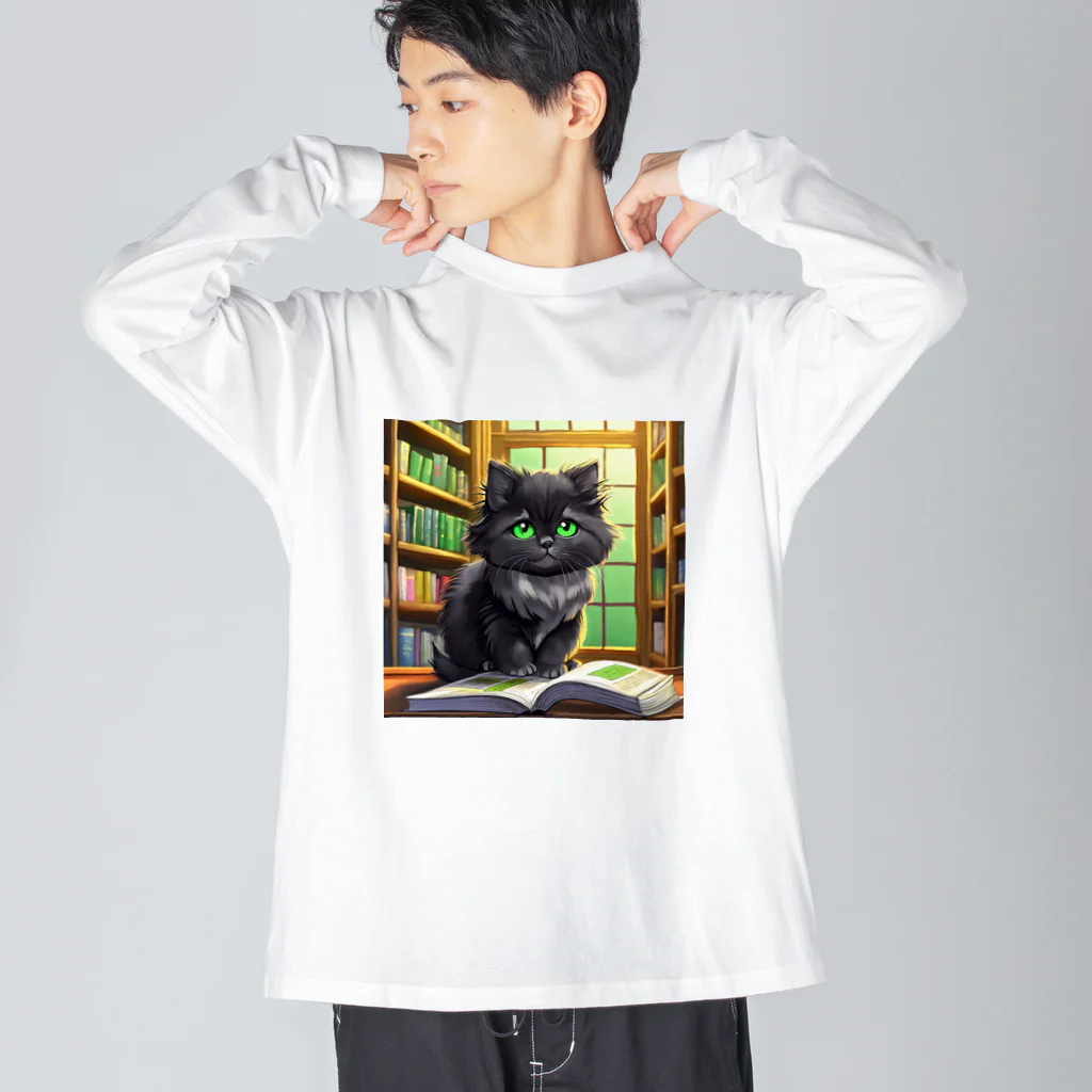 yoiyononakaの図書室の黒猫02 ビッグシルエットロングスリーブTシャツ