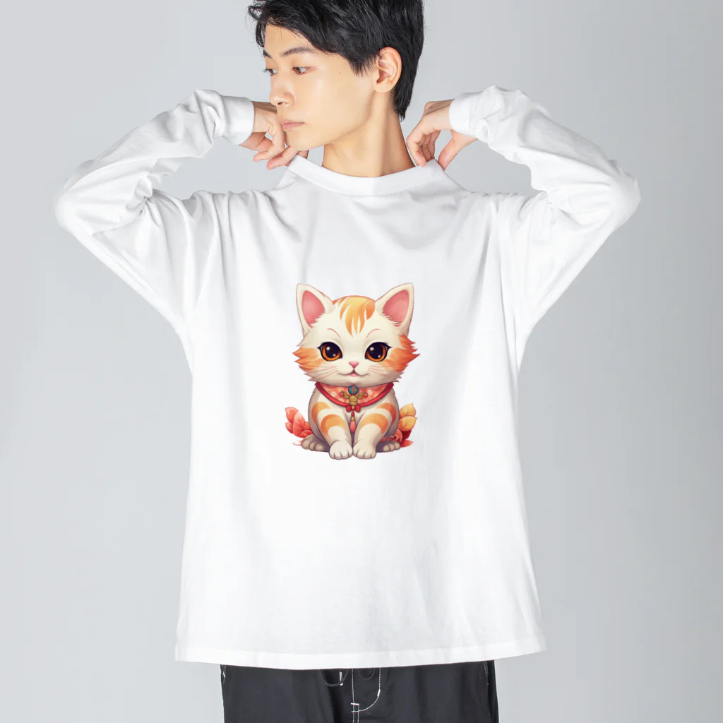 日向ぼっこの縁起猫 ビッグシルエットロングスリーブTシャツ