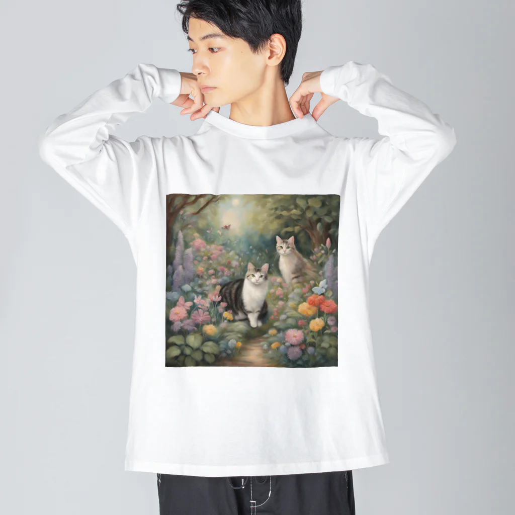 夜のねこの猫の楽園 ビッグシルエットロングスリーブTシャツ