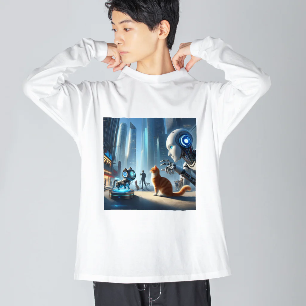 ニャーちゃんショップの未来のロボットペットと友達になっている猫 Big Long Sleeve T-Shirt