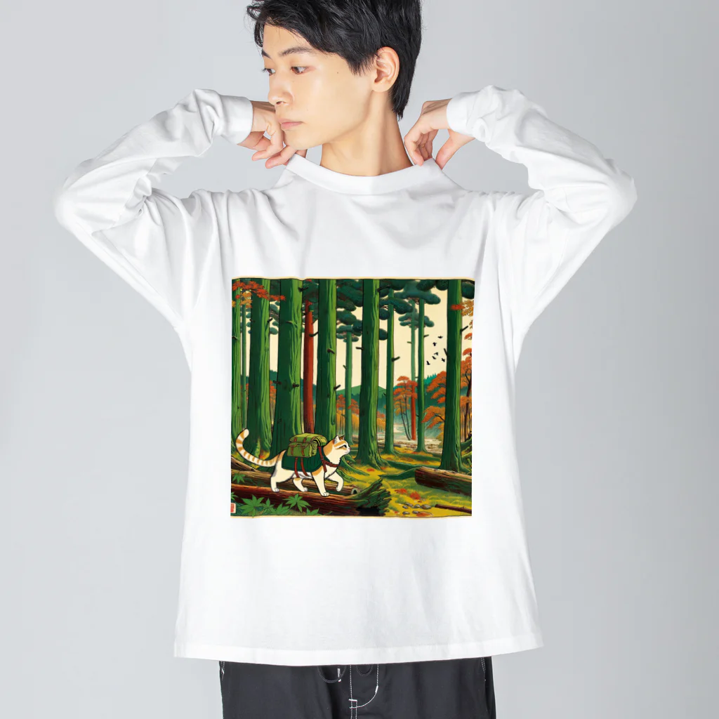 Aoyanicの浮世絵猫野営６ ビッグシルエットロングスリーブTシャツ