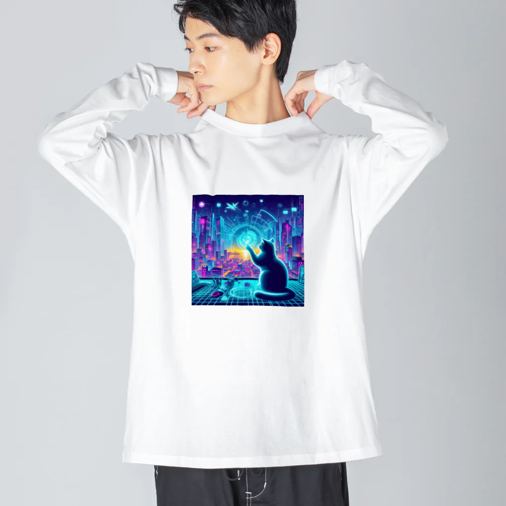 ニャーちゃんショップのサイバー都市でホログラフィックな街並みを楽しむネコ Big Long Sleeve T-Shirt