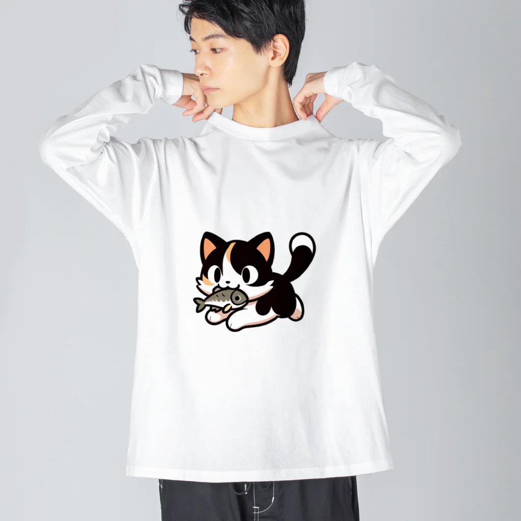 NyanClosetのお魚くわえて走る猫です。 ビッグシルエットロングスリーブTシャツ