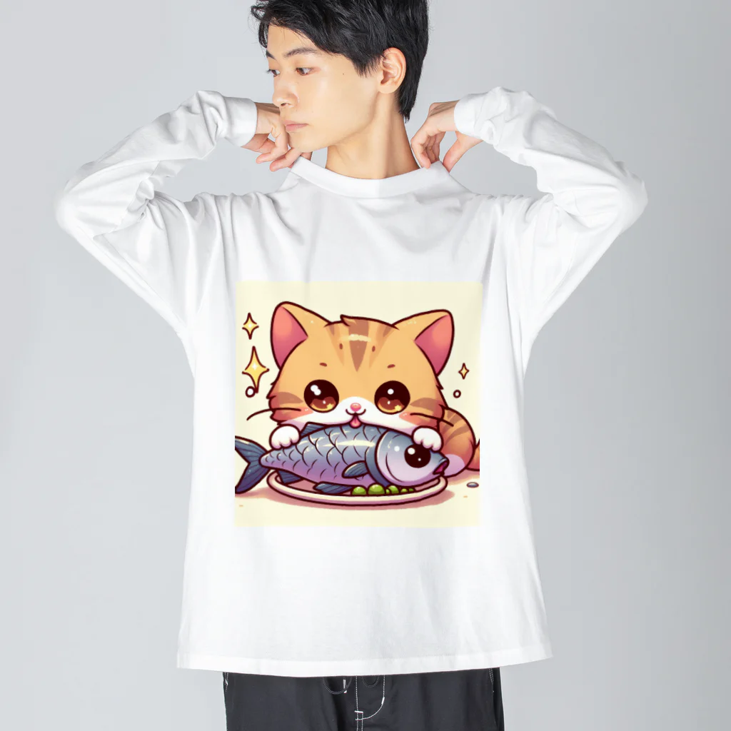 zuuu-の魚を前にドヤ顔にゃんこ☆ ビッグシルエットロングスリーブTシャツ