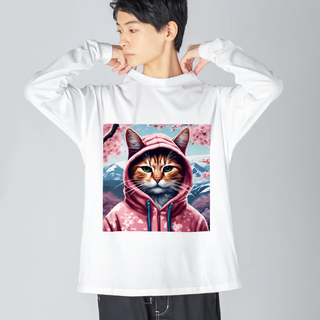 オシャンな動物達^_^の桜舞うなかオシャン猫 Big Long Sleeve T-Shirt