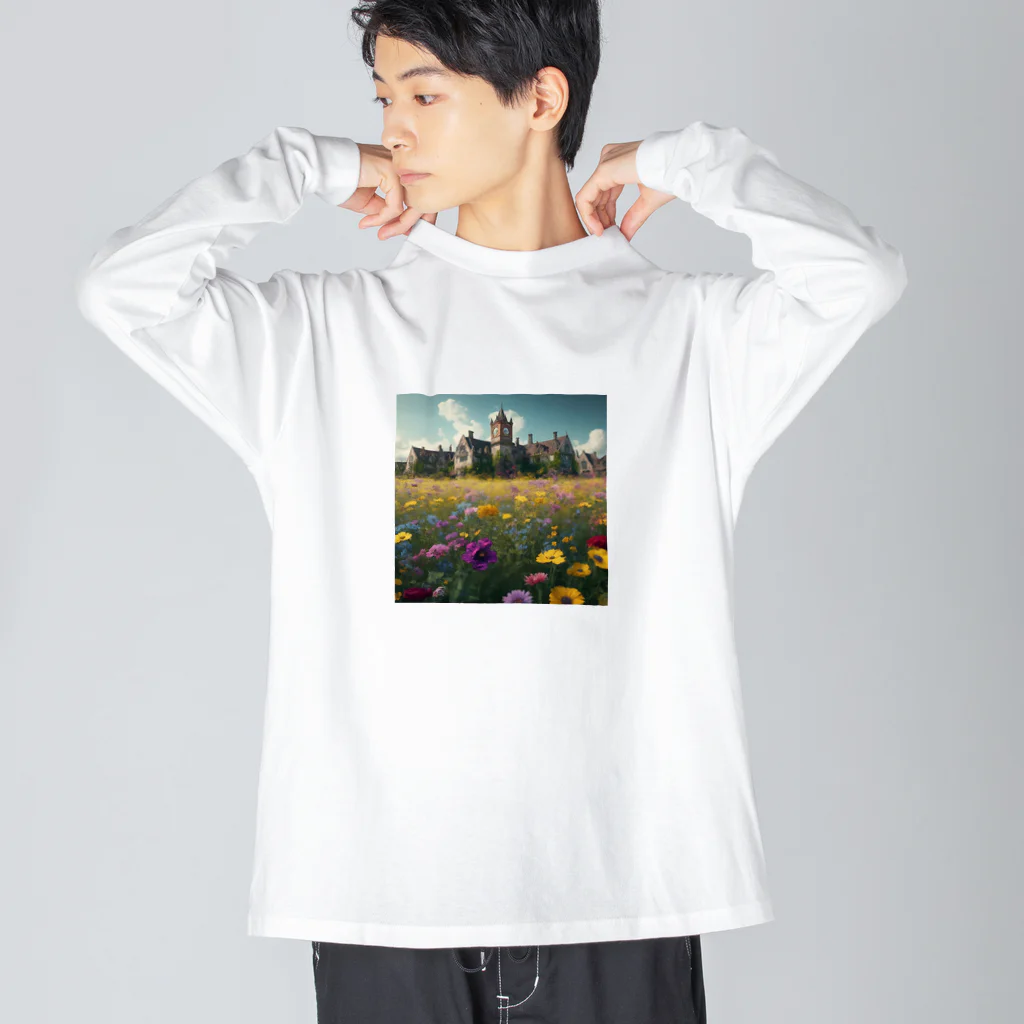 ハピネスの廃墟と花 ビッグシルエットロングスリーブTシャツ