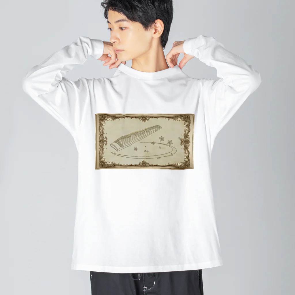 箏譜職人 織姫の箏と桜（アンティーク風） 루즈핏 롱 슬리브 티셔츠