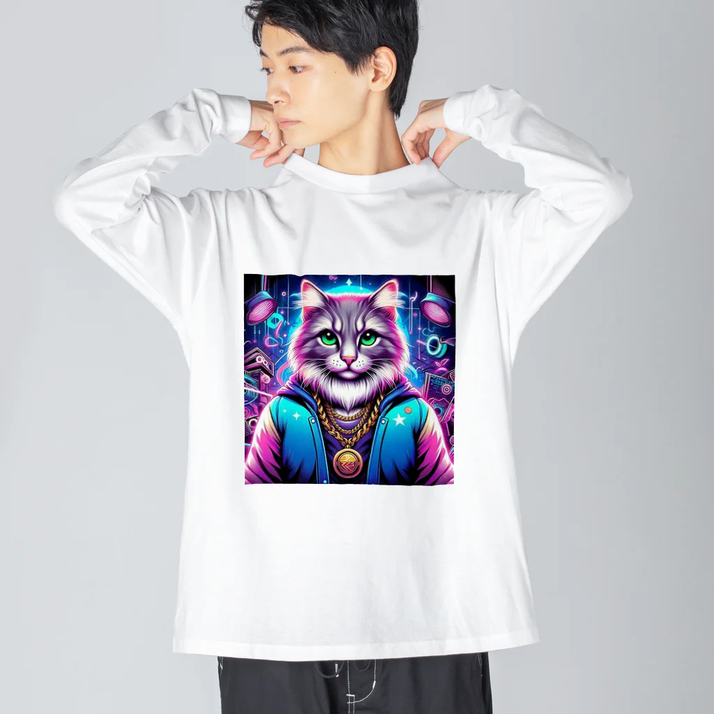 AIフォトSHOPのイケ猫DJ ビッグシルエットロングスリーブTシャツ