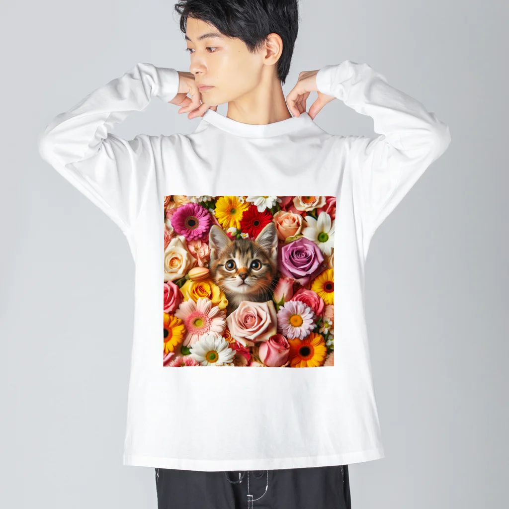 IloveCatの美しい花々と可愛らしい子猫 ビッグシルエットロングスリーブTシャツ