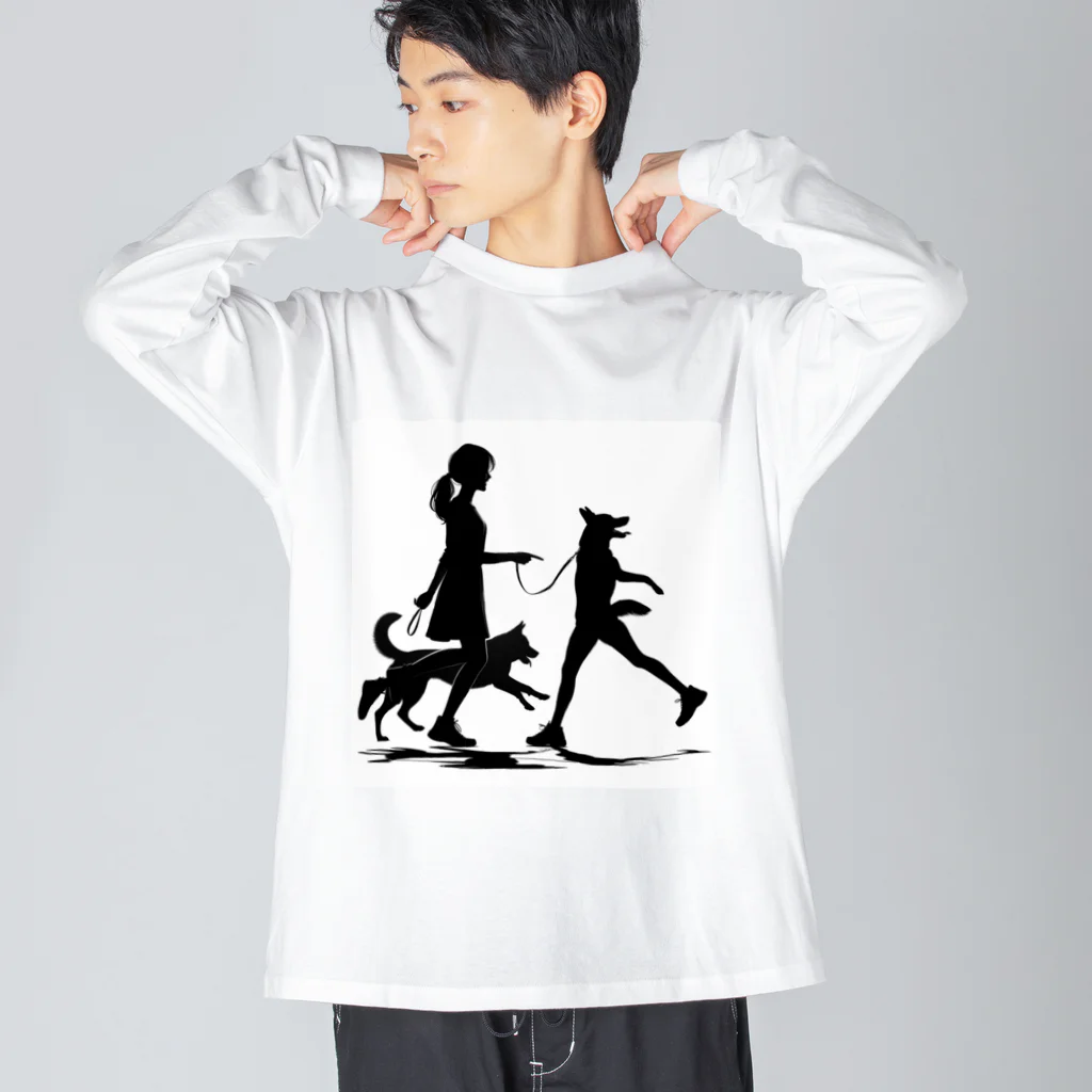 AI間違い探しの犬を散歩する女の子のシルエット ビッグシルエットロングスリーブTシャツ