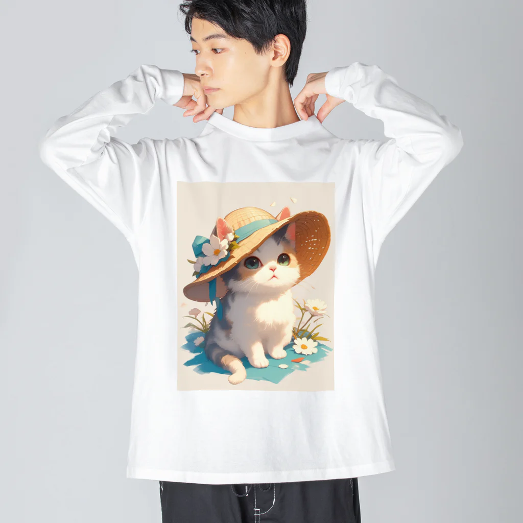 AQUAMETAVERSEの帽子をかぶった可愛い子猫 Marsa 106 ビッグシルエットロングスリーブTシャツ