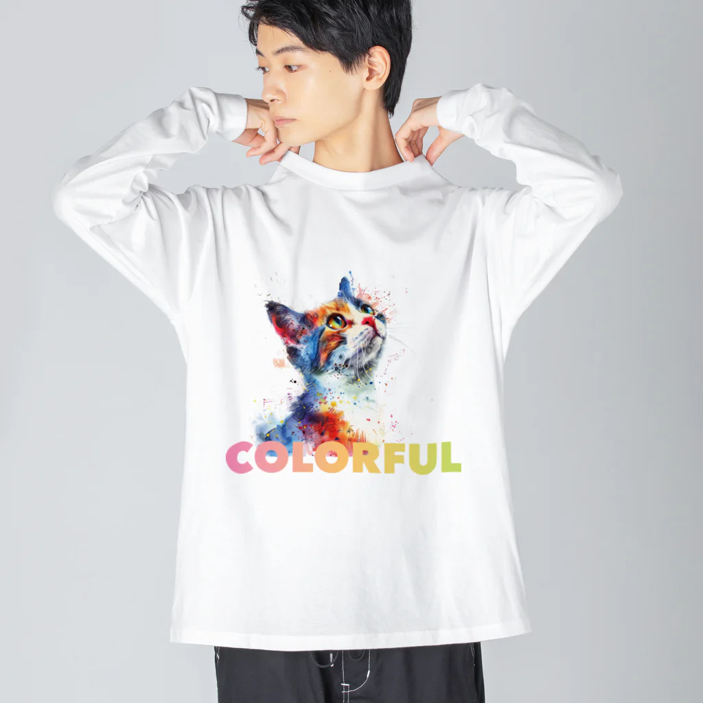 G.O.A.T.designの色鮮やかな水彩画に描かれたカワイイ猫 ビッグシルエットロングスリーブTシャツ