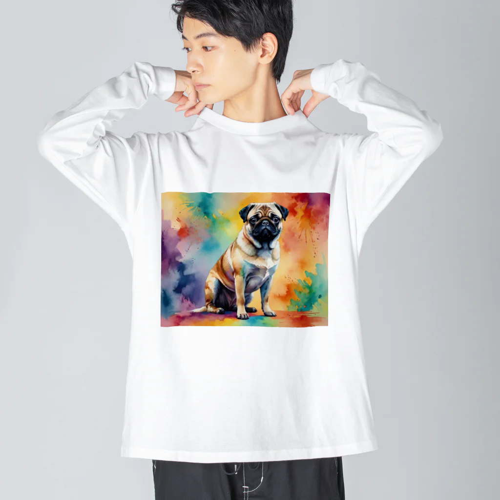 Animal Illustration shopのパグ　Pug　水彩画風 Big Long Sleeve T-Shirt